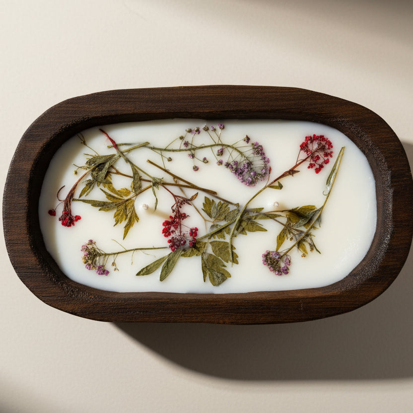 Artist in dough bowl candle with pressed flowers