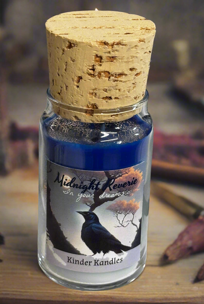 Bottle with cork and label featuring a bird design on a white surface