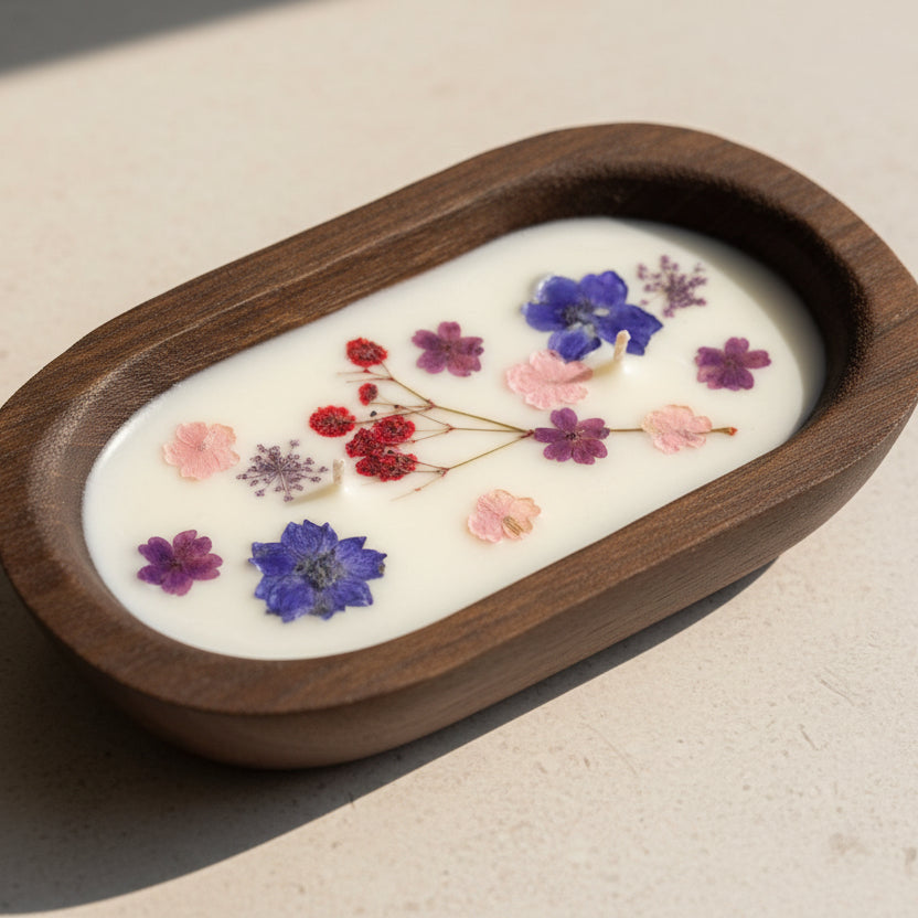 Artisan dough bowl, candle with pressed flowers. 