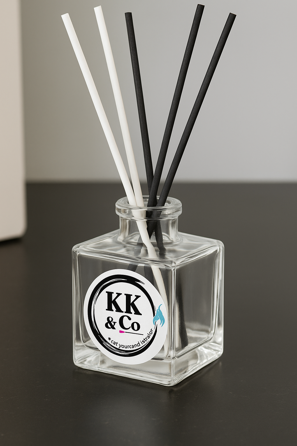 Glass diffuser bottle with black and white sticks on a dark surface, featuring a KK & Co label.