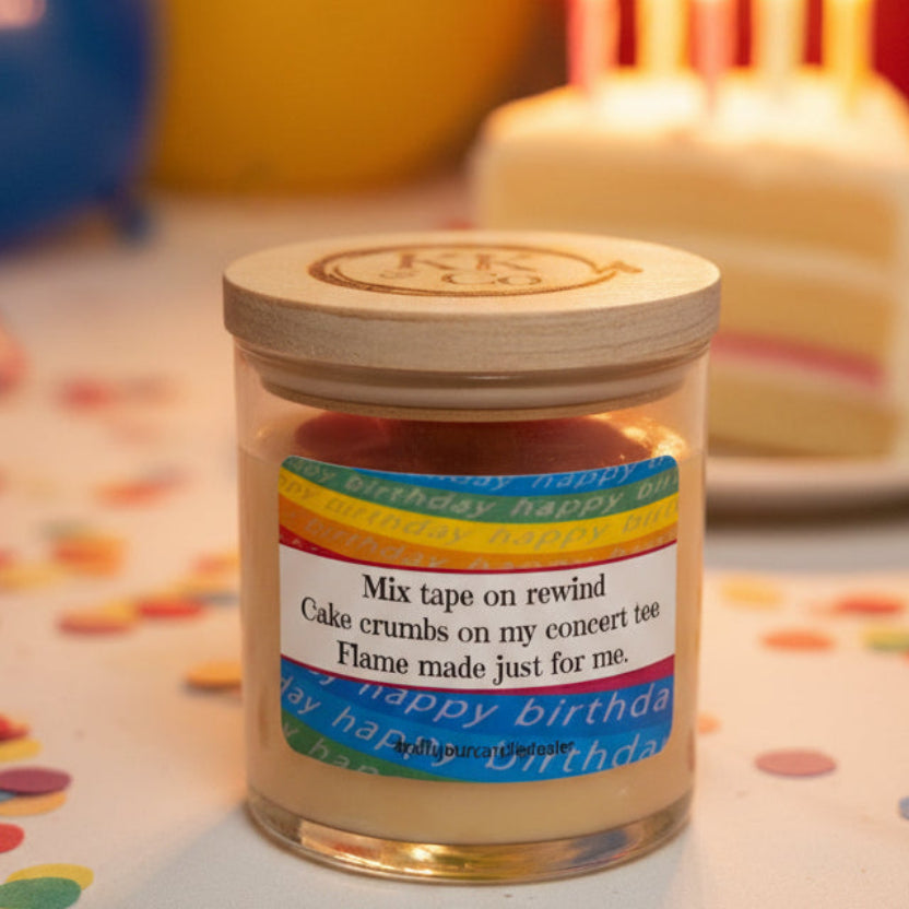 Custom candle jar with label that says mix tape rewind, cake crumbs on my concert tee, flame made just for me, wood engraved lid.