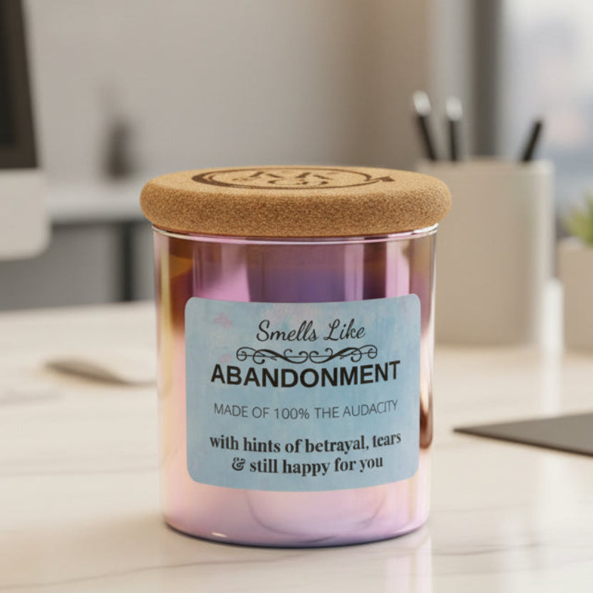 Candle labeled 'Smells Like Abandonment' on a table in an office setting