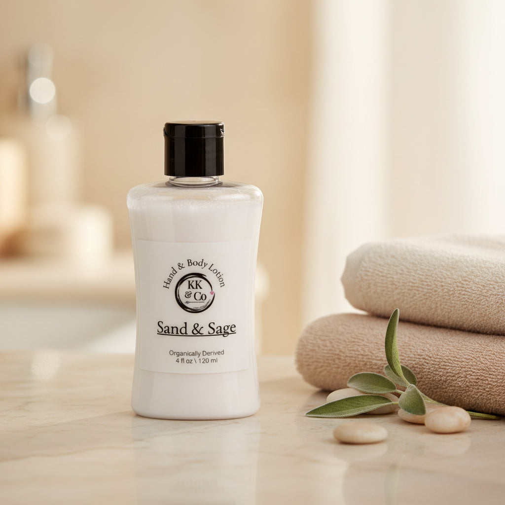 Lotion bottle labeled 'KK & Co' on a wooden surface