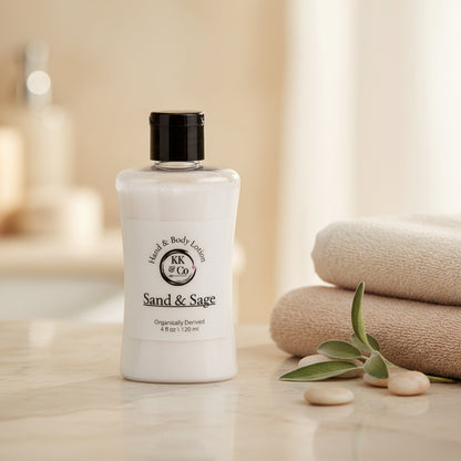 Lotion bottle labeled 'KK & Co' on a wooden surface