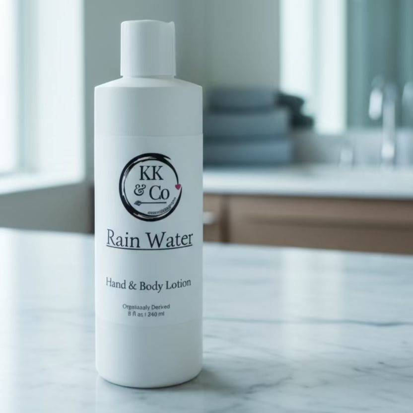 White lotion bottle labeled 'KK & Co Rain Water' on a wooden surface