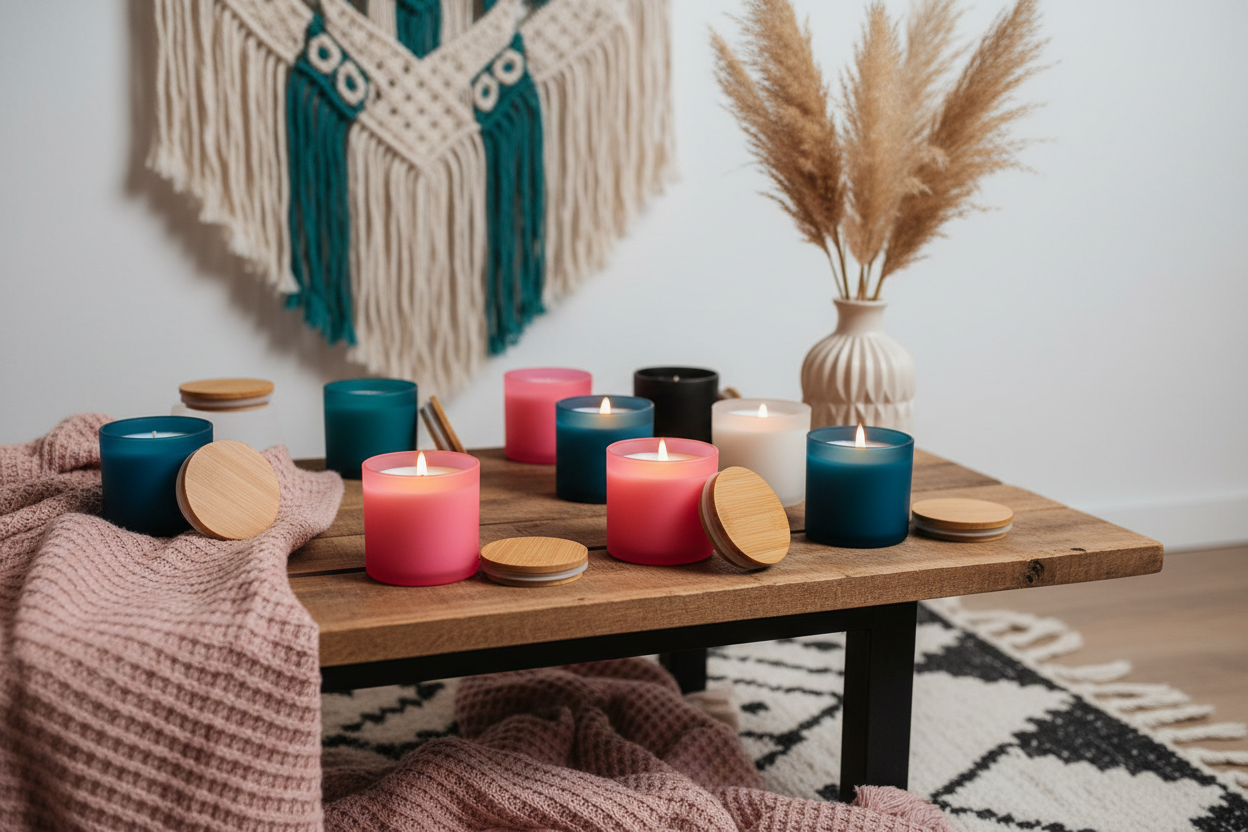 An advertising image with a boho vintage vibe with the colors of bright pink, teal blue, black & white that shows small round frosted glass candle jars, displayed in a flat surface, preferable in a display marketing oriented room. The candle jars can be  a variety of lit or unlit. Any candle lids displayed should be bamboo wood style. 